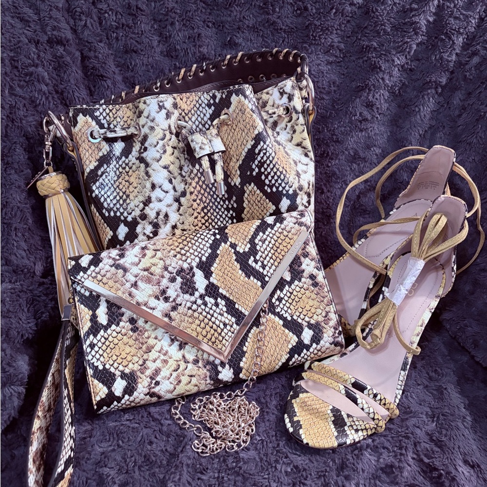 Steve Madden Snakeskin Shoulder Bag in Black, Cream, and Tan